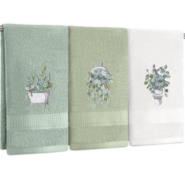 FuWeave 3 Pcs Eucalyptus Hand Towels Farmhouse Embroidered Botanical Bathroom Decor 13.3x29.5 Inch Farmhouse 100% Cotton Decorative Green Leaves Hand Towels for Bathroom Kitchen