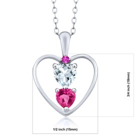 925 Sterling Silver Sky Blue Aquamarine Pink Created Sapphire and Pink Sapphire Pendant Necklace For Women (0.92 Cttw, Gemstone March Birthstone, Heart 5MM and 4MM, with 18 Inch Silver Chain)