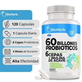60 Billones de Probioticos + Inulina de Agave - Probioticos y Prebioticos - (120 Capsulas/ 2.5Mil Millones de UFC Por Capsula) | [Maxima Absorcion] - | 6 Variedades de Cepas | Para 180 Dias | Sin Gluten, Sin Azucar - Probiotics Blend - BioHerb.