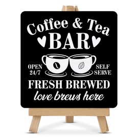 Coffee Tea Bar Decor, Coffee and Tea Bar Wood Sign with Easel Home Kitchen Desk Shelf Table Tiered Tray Decorations