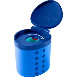 FABER-CASTELL Grippy 181790 Sharpener with Cutting Protection, Blue Sharpener with Container