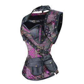 Charmian Women's Steel Boned Retro Goth Brocade Steampunk Bustiers Corset Top with Jacket and Belt Multicolored Small