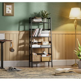 HITNET Black Bookshelf, 4-Tier Ladder Shelf, Freestanding Leaning Bookcase with Bamboo Shelves, Space Saving Flower Plant Stand for Small Space