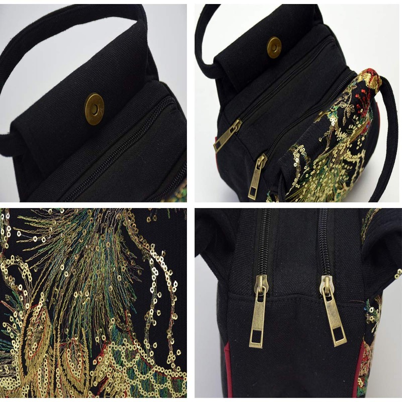 Puyang Women Mini Sequins Peacock Embroidery Ethnic Retro 2 compartments