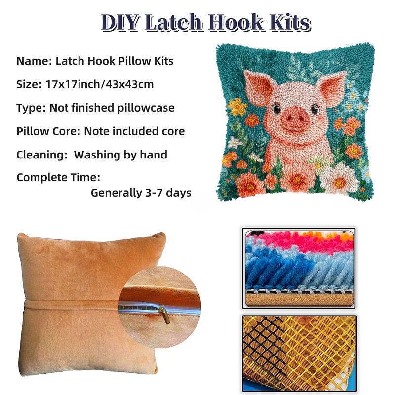 Generic DIY Latch Hook Pillow Cover Kit - Pig Theme