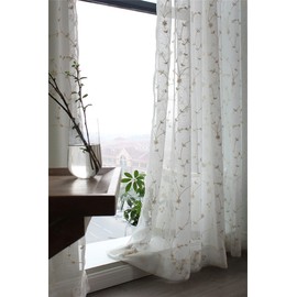 Freyamy Boho Flower Curtains, Farmhouse, Voile, Country Style, Pole Pocket, White, Outdoors, Decorative, Semi-Transparent, Set of 2, Living Room, Vintage Store Curtain, 200 x 140 cm (H x W)