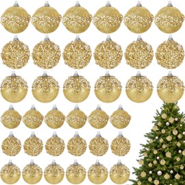 Poen 24 Pcs Glitter Christmas Ball Ornaments Set Multi Size Christmas Tree Ornaments Hanging Sequin Foam Christmas Balls Decoration for Xmas Tree Wreath Garland Christmas Home Decor (Gold)