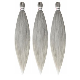 BALINGHAIR Gray Braiding Hair Pre-stretched 26 Inches Long Braiding Hair Extensions Flame Retardant Braids Hair(Gray-3Pcs)