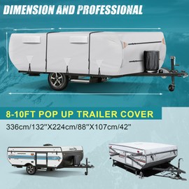 Pop Up Camper Trailer Cover, Oxford Anti-Scratch100% Waterproof Anti-UV Folding Camping RV Cover 8'-10' with 5 PCS Reinforced Windproof Straps for Motorhome (8-10FT)