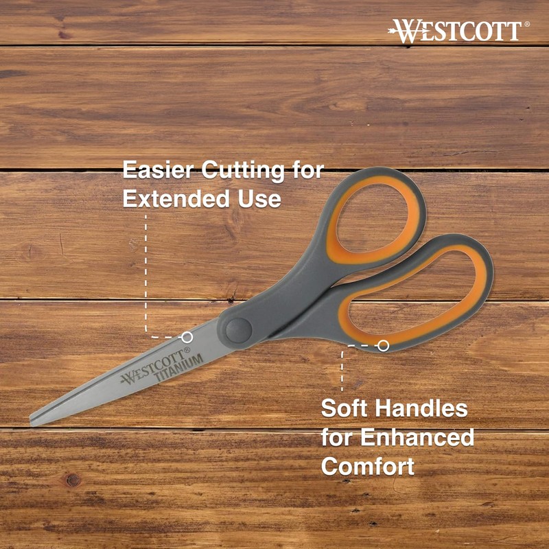 Westcott Titanium Bonded Scissors, Soft Handle, 8", Straight, Gray/Yellow, 6-Pack