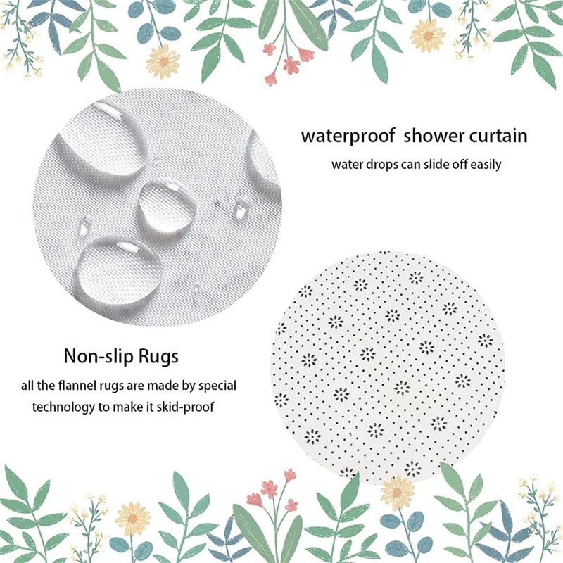 Blue Rose Bathroom Set with Shower Curtain and Non-Slip Rugs,