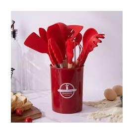 Silicone Cooking Utensils Kitchen Utensil Set, 12 PCS Wooden Handle Nontoxic BPA Free Silicone Spoon Spatula Turner Tongs Kitchen Gadgets Utensil Set for Nonstick Cookware with Holder (Red)