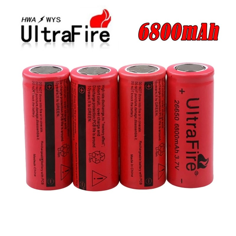 UltraFire 4pcs 26650 Battery UltraFire Rechargeable 3.7V Flat Top Batteries