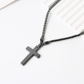 HZMAN Hematite Necklace for Women Relieve Anxiety Beaded Cross Necklace Pendant Jewelry Gift, Stone, No Gemstone