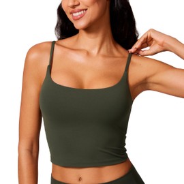 CRZ YOGA Butterlift Womens Scoop Neck Longline Sports Bra - U Back Adjustable Straps Workout Crop Tank Top with Built in Bra Olive Green Small
