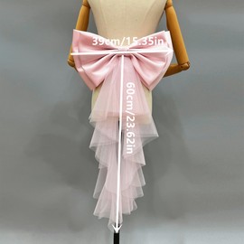 Detachable Satin Bow for Wedding Dress Bowknot with Irregular Tulle Tail, Pink-2layers-tulle Tail, One Size