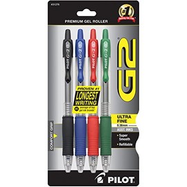 PILOT G2 Premium Refillable and Retractable Rolling Ball Gel Pens, Ultra Fine Point, Black/Blue/Red/Green Inks, 4-Pack (31276)