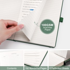 AUTEMPO A5 Notebook Journal Lined, Hardcover Note Book Leather Journals for Women, 192 Numbered Pages for Writing, 100gsm Lined Paper, for Men Work Office School,14.5 x 21cm, Green