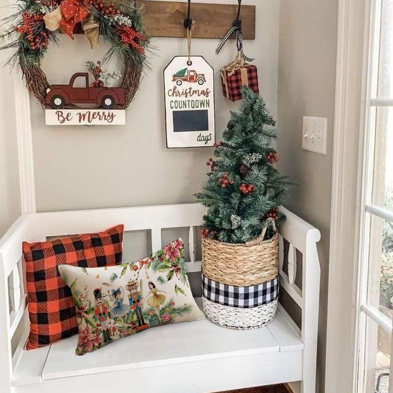 RABUSOFA Christmas Pillow Covers 12x20 Nutcracker Poinsettia Holiday Decor