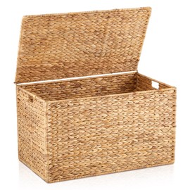 Wonderjune 30 x 17.5 x 17.5 Inch Water Hyacinth Wicker Storage Trunk with Metal Frame, Heavy Duty Storage Chest with Lid Large Rattan Basket for Blankets, Seasonal Clothes, Extra Bedding (Natural)