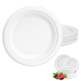 50Pack Disposable Paper Plate Heavy Duty Plates 7 inch,Extra Strength White Disposable Paper Plate for hot food Super Rigid Strong Plates Bagasse Plates 18cm for Christmas,Birthday,Picnic,BBQ