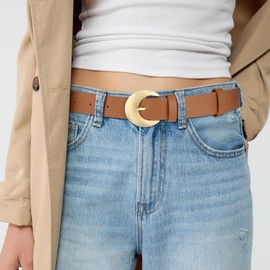 SANSTHS Women Leather Belts for Jeans Pants Fashion Silver Rounded Buckle Ladies Leather Casual Waist Belt,brown,S