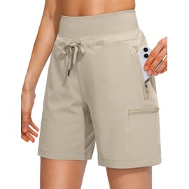 Obla Women's Hiking Cargo Shorts Zipper Pockets Soft High Waisted Quick Dry 7 Inch Long Shorts for Women Golf Athletic Summer (Khaki_S)
