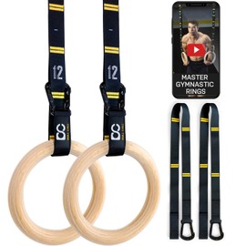 Double Circle Gymnastics Rings with Quick Adjust Numbered Straps and Exercise Videos Guide - Full Body Gym Rings - Calisthenics Rings Wooden Rings (Extended Straps)