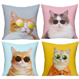 WEICOOM 4 Piece Cool Cat Throw Pillow Covers for Kids Boys and Girls, Cat Decorative Square Throw Pillow Covers Set with Zipper, 18 x 18 Inch