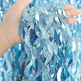 2 Pack Blue Tinsel Foil Fringe Curtain, 3.3 ft x 6.6 ft Foil Fringe Backdrop Wall Curtains for Birthday Baby Shower Mermaid Under The Sea Ocean Wedding Christmas Decorations