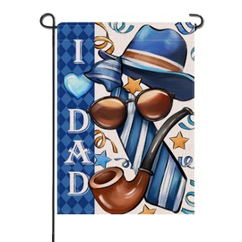 Artofy Father's Day I Love Dad Small Decorative Garden Flag, Blue Hat Tie Sunglasses Yard Lawn Outside Decor, Plaid Outdoor Home Decoration Gifts for Papa Grandpa Double Sided 12 x 18