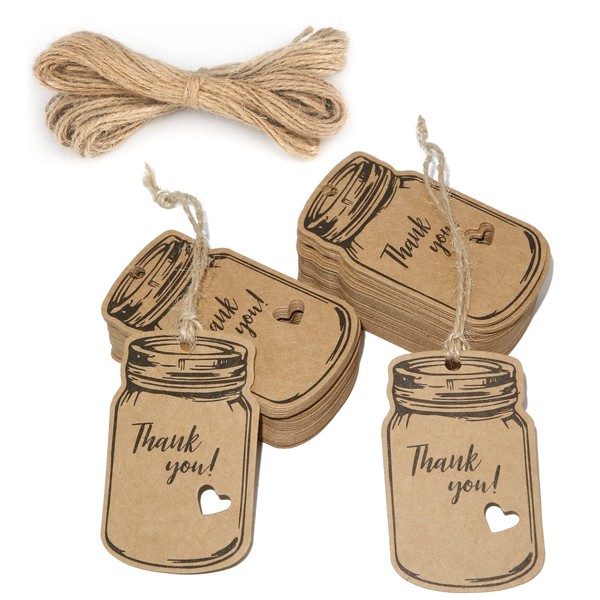 G2PLUS Thank You Gift Tags,100PCS Kraft Paper Gift Tags with Natural Jute Twine, Mason Jar Shaped Tags, Vintage Hang Tags Hollow Heart Tags Canning Labels for Jars, DIY & Craft, Party Favors（White）