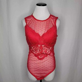 INC International Concepts Sheer Swiss Dot Cupped Bodysuit Red Retail $50 Medium