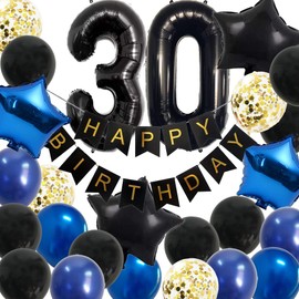 30th Birthday Decorations for men - Happy 30 Birthday Blue Balloons Kit for him Party Supplies With Black Gold Banner and Jumbo Number Decor (Black Navy Blue)