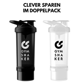 GYMSHAKER 2er Pack Protein Shaker mit Pulverfach - cremige Shakes, auslaufsicher, Spülmaschinengeeignet - Shaker Proteinshake - Schwarz, Weiß