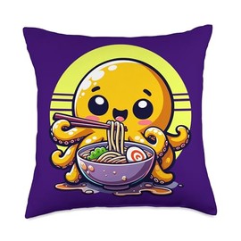 Cute Octopus Enjoying Ramen Noodles Cartoon Throw Pillow