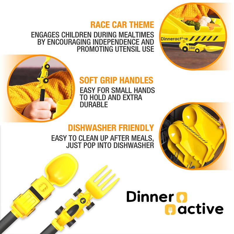 Dinneractive Utensil Set for Kids – Yellow Race Car Themed