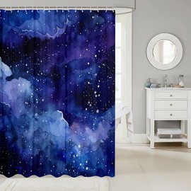 Outer Space Bath Curtain Galaxy Cosmic Universe Theme Bathroom Shower Curtain Set Starry Night Sky Shower Curtain For Kids Adult Glowing Stars Waterproof Shower Curtain with Hooks Blue Navy 72x72 Inch
