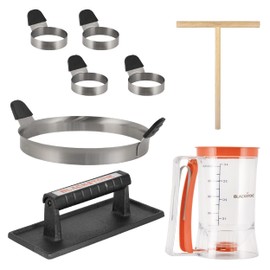 Plastic Batter Dispenser, Cast Iron Bacon Griddle Weight Press, 10 Inches Stainless Steel Omelet Egg Ring, Wood Wooden Crepe Spreader Spatula