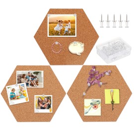 FEBSNOW 3 Pack Self-Adhesive Cork Board Tiles Hexagonal Cork Board Mini Wall Bulletin Board with 50 Multi-Color Push Pins