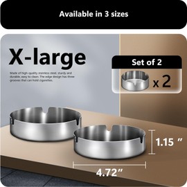 roygra Ash Tray (2 Pack), Outdoor Ashtray for Outside Patio, Stainless Steel Ashtrays for Cigarettes with 3 Holder, Smoking Accessories, Home Décor, Ashtrays for Smokers Indoor - Silver, X-Large