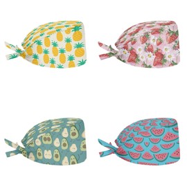 Babrukda 4 Pack Cap with Sweatband Adjustable Tie Back Hat Headgear Xmas Beanie, Strawberry Watermelon Pineapple Avocado, One Size