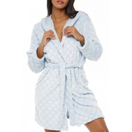 Alexander Del Rossa Women's Plush Fleece Hooded Bath Robe, Short Knee Length Hoodie, Bathrobe with Hood Scallop Texture Light Blue Medium (A0155LBLMD)