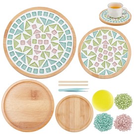 WEBEEDY DIY Cherry Blossom Mosaic Coasters Colorful Mosaic Tiles with Round Bamboo Coaster Easy to DIY Flower Mosaic Coaster Making for Drinks Tray,DIY Adult Crafts Projects with Instruction,2 Sizes
