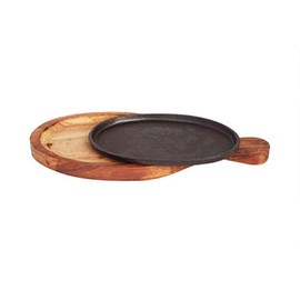 Sahishnu Online And Marketing Fajita Pan with Wooden Tray Handle, Sizzling Brownie Sizzler Plate/Tray with Wooden Base with Handle