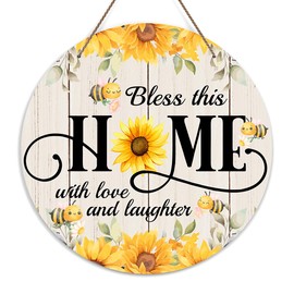 Welcome Door Sign, Bee and Sunflower Wooden Sign Round Decorative Wall Plaque, Bless This Home With Love And Laughter Welcome Sign for Front Door, Christian Farmhouse Hanging Sign Decor -29