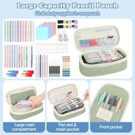 MoKo 56 PCS Aesthetic School Supplies with Pencil Pouch, Cute Stationery Set for Students Office, 12 Gel Pens, 12 Pastel Highlighters, 6 Mechanical Pencils 0.5 & 0.7mm, Sticky Note Index Tab (Green)