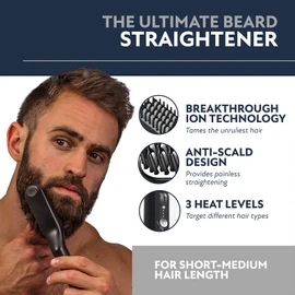 Beard straightener of men - straightening brush, original heated beard brush kit with anti-burn function, wooden comb included, travel bag for short to medium beards
