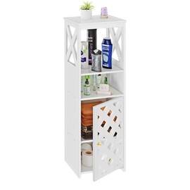 BYFU 5-Tier Bathroom Storage Cabinet, White Bathroom Floor Cabinet Freestanding Organizer with Door and Open Shelf for Kitchen Living Room Narrow Space