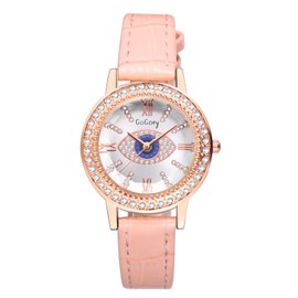 Silverora Women's Leather Watches: Retro Boho Evil Eye Analogue Quartz Wrist Watch Shiny Zircon Rhinestone Watch with Dot Bar Scale Gifts for Women, pink, Strap.